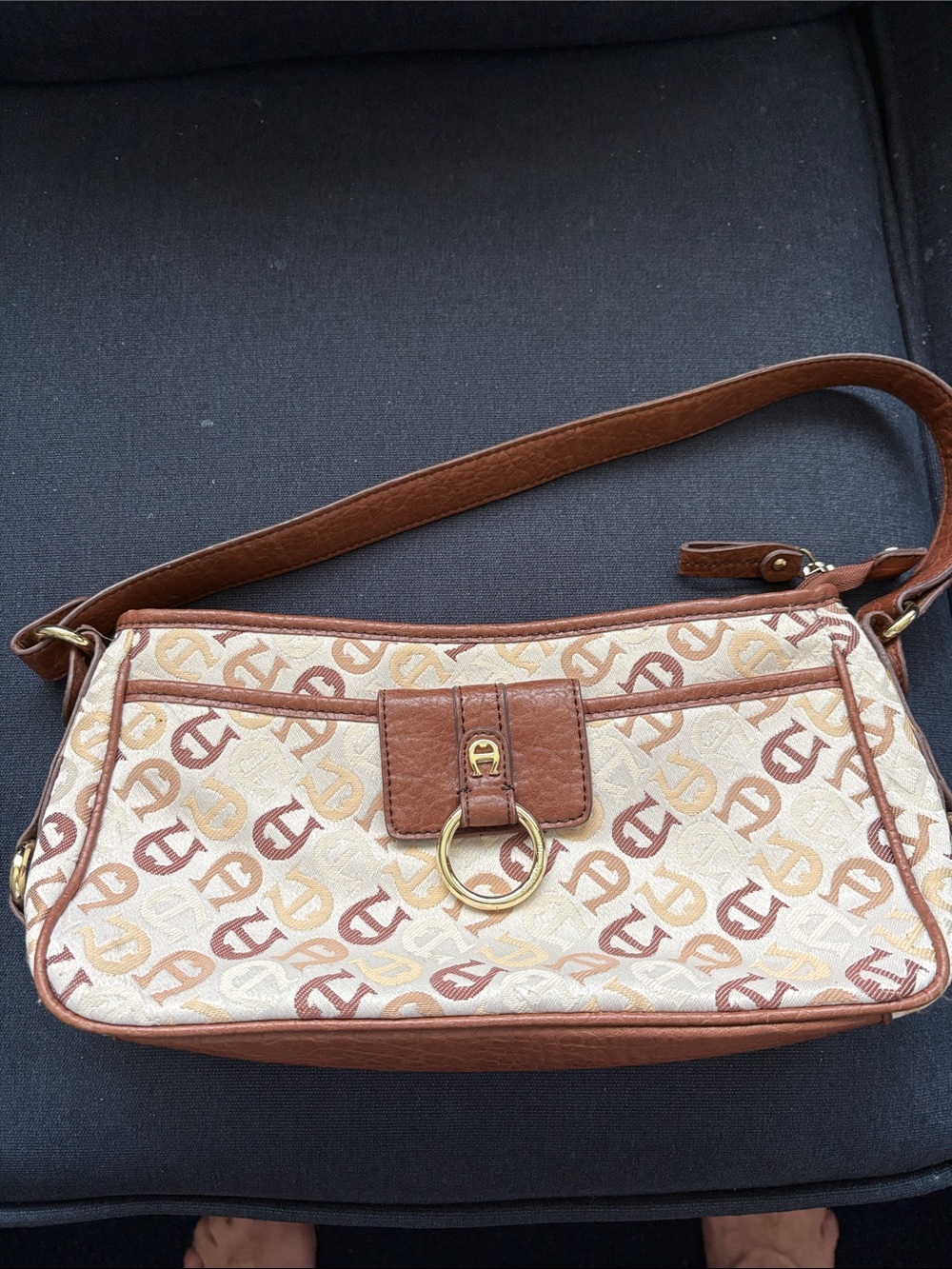 Etienne Aigner Cream and Brown Monogram Shoulder Bag with Gold Ring